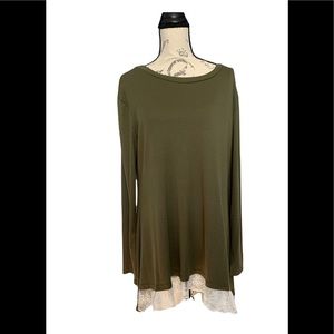 Wekili Olive Green Long Sleeve Lace Hem Tunic